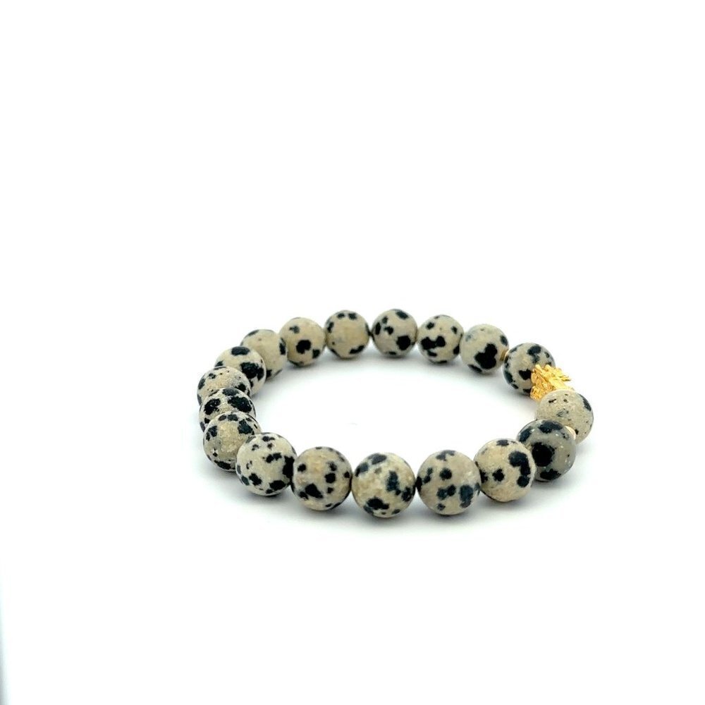 18K Gold Dragon Pixiu Piyao Lucky Bracelet Beads Gemstone Dalmatian Jasper 8mm - Picture 3 of 8